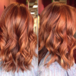Side-by-side images showing wavy, shoulder-length hair in rich copper tones with highlights, under indoor lighting.